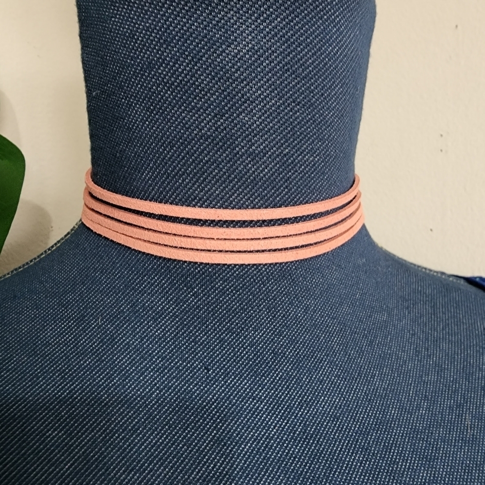 Pink, Tan and Grey Suede Multi String Choker Necklace Set - Picture 2 of 10